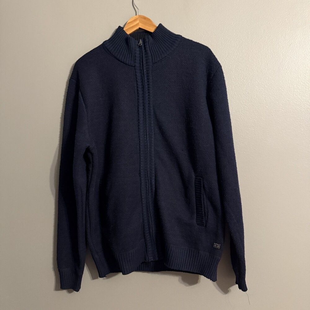 Buffalo David Bitton Sweater Men Blue Full Zip Fleece Casual travel work NEW NWT